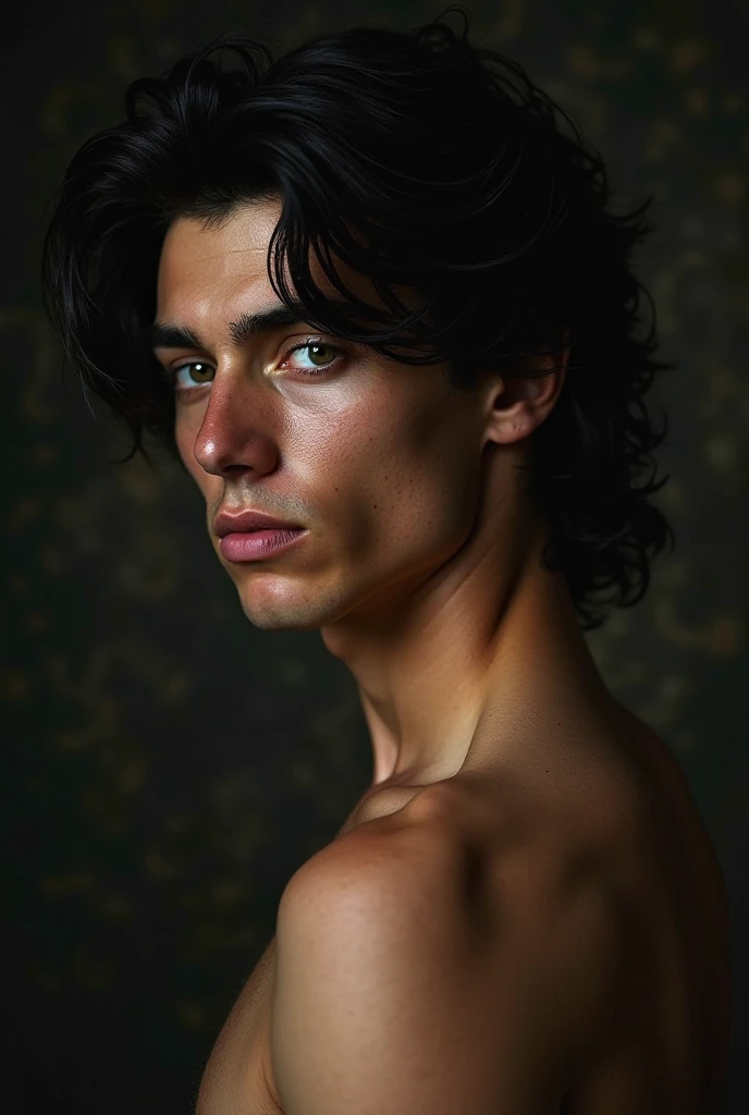 portrait of a young Italian man,  Shoulder up ,  fair skin, intense green eyes and mullet-style black hair. He's positioned in profile, with a Roman nose highlighted, feline look and serious expression. Dramatic lighting highlights facial lines, with soft ...