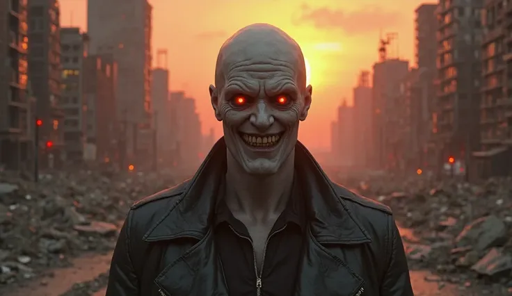 a replicant similar to Roy Batty looking at the camera and smiling maliciously in a desolate New York landscape in ruins. You can see the sunset in the background 