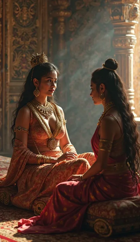 Ancient hindu queen with big breasts and curvy body giving advice to another ancient hindu queen, inside a dimmed room of ancient Hindu Palace 