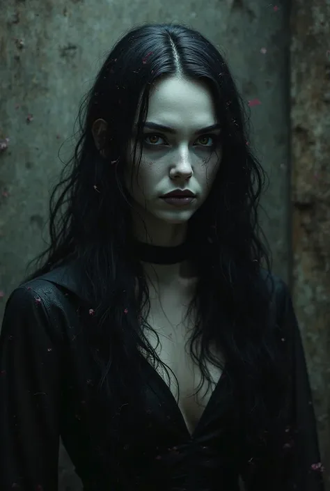 Imagine a vampire with pale skin, long black hair and cold black eyes.