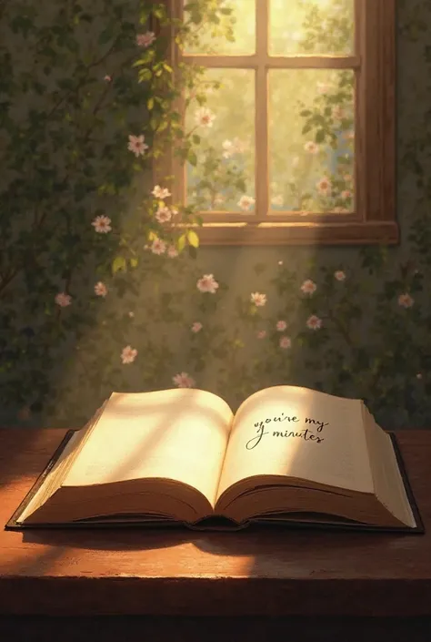 There is a open book on a table. Sunlight has fallen on the book. In the book there is written- You're my 7 minutes.