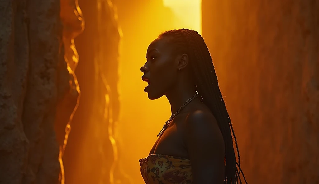 At night, a young African adult woman with dark braids and sharp features steps back in rage. Her shadow stretches unnaturally long behind her, and her eyes glow eerily as she hisses, "No! You can’t stop me!"

The background features warm undertones, enhan...