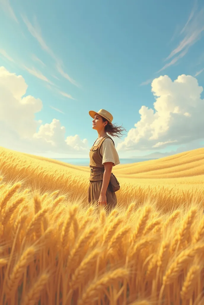 Create a gif showing farmer standing in the wheat field smiling and wind slighlty blowing