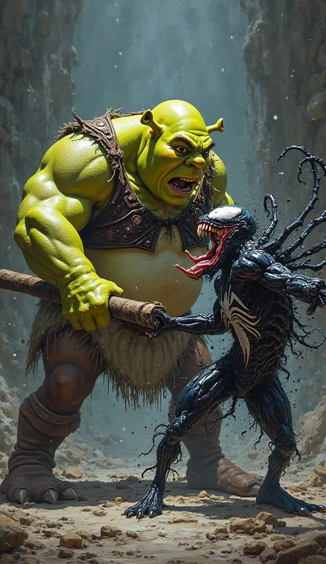 Shrek strikes Venom with his stick, Venom stumbles back, clearly hurt and surprised.