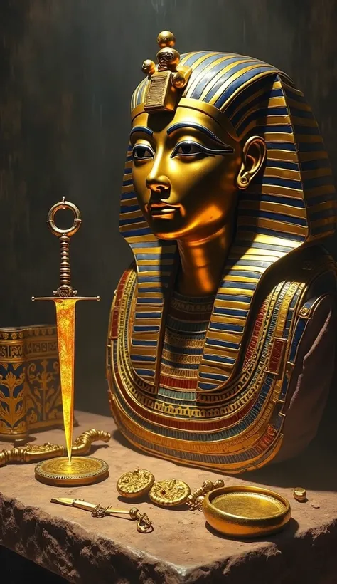 The golden mask of Tutankhamun and other grave goods next to the dagger found in the tomb.  A dim light in the background , can make the image more mysterious. The glowing metallic surface of the dagger can stand out remarkably.