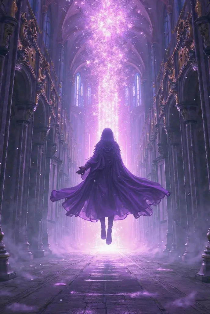 cathedral hall, very bright, ethereal background, a powerful shadow mage in the center, looking at viewer, purple aura, levitating, in anime art style, hdres, wallpaper