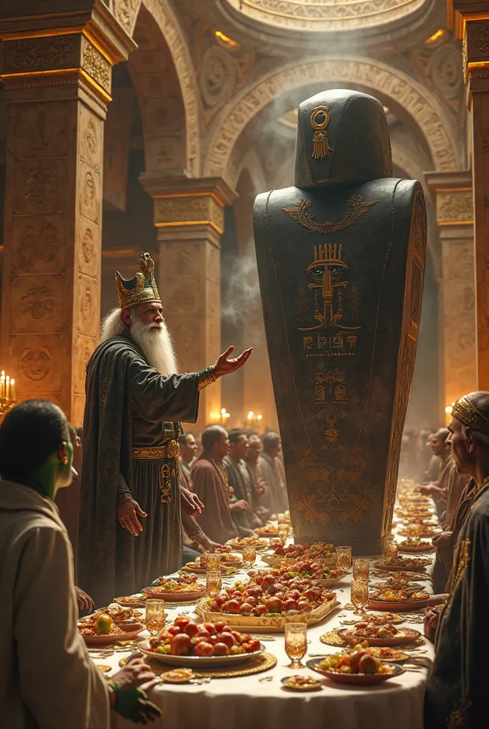 "Cinematic Egyptian mythology scene, grand palace feast with gods, Set's betrayal, hyper-realistic digital painting, intricate details, dark fantasy theme

Scene: A lavish Egyptian palace hall glowing with golden torchlight, marble pillars carved with hier...