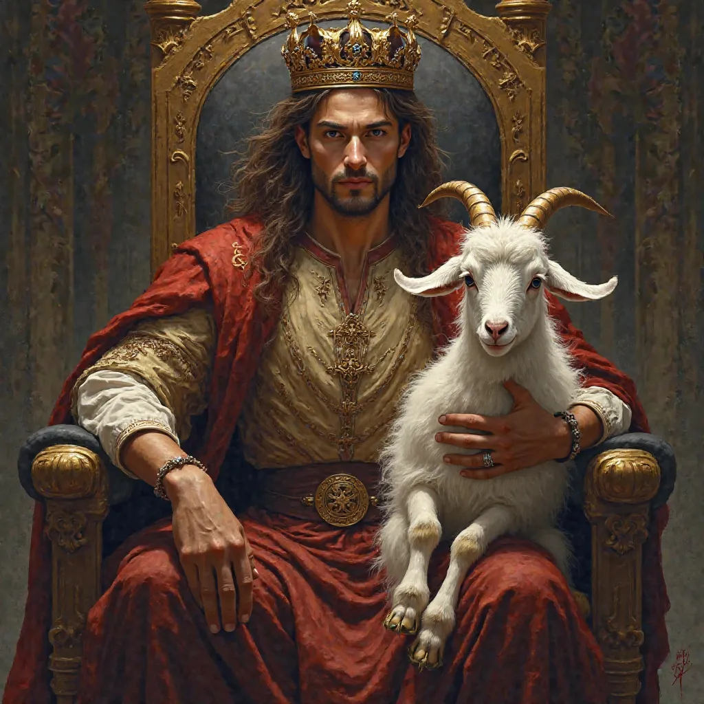 Create an image of a man with brown hair and brown eyes: he is sitting on a throne, he is wearing a crown and in his arms is a goat. 