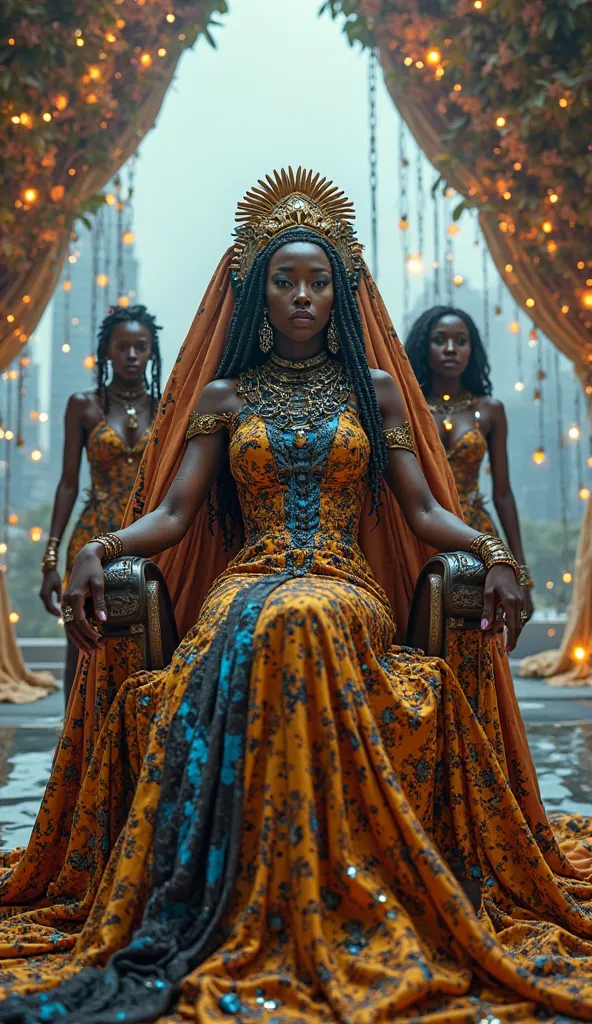 "An African queen with dark, radiant skin, wearing an elaborate futuristic African royal gown infused with glowing golden and blue cybernetic patterns. She sits on a high-tech throne made of advanced metal and holographic elements, exuding power and elegan...