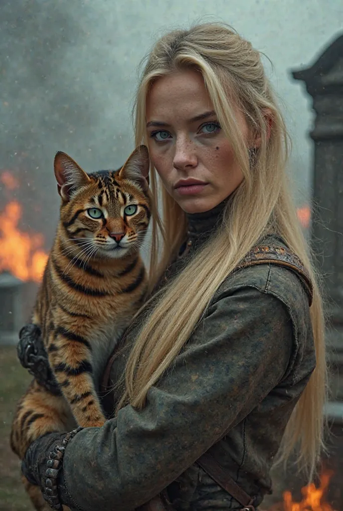 Woman with long straight blond hair with light blue eyes Michell Pfeiffer's face wearing warrior clothes a cat is close to her in a tiger color the background of the image is a cemetery full of smoke and fire 