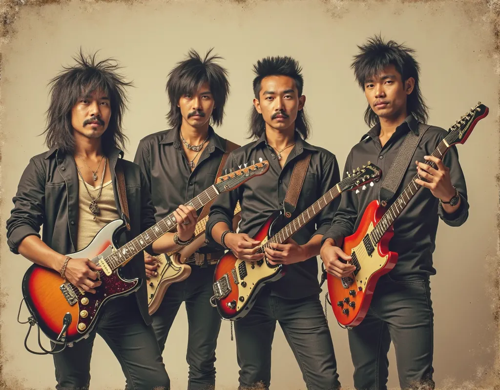 Thai men, band, hair messy, mullet, mustache, posing with guitar, and percussions, 1980s, old photograph