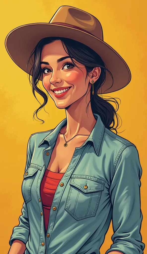 DISCREET image. with discreet casual clothes. image adult woman, american, just comic book style. SHE IS HAPPY AND GRATEFUL, with a discreet smile.  She is a Taurus sign.  IMAGES WITH VIBRANT COLORS. with a hat