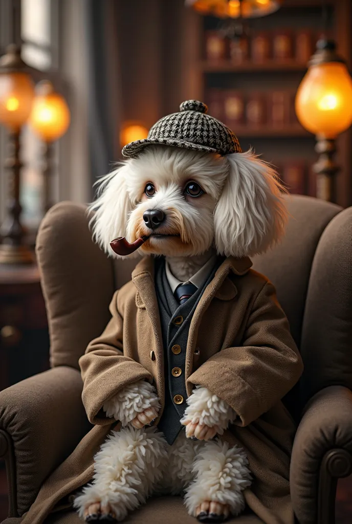 A toy poodle dressed as Sherlock Holmes in a London bar　I smoke pipe tobacco、