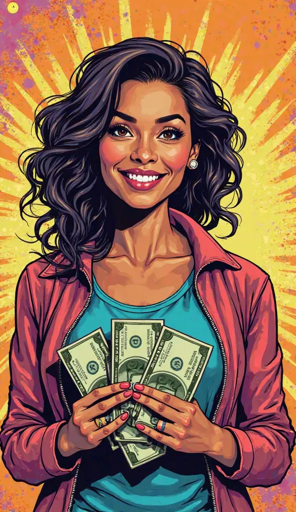 DISCREET image. with discreet casual clothes. image adult woman, american, just comic book style. SHE IS HAPPY AND GRATEFUL, IMAGES WITH VIBRANT COLORS. money in your hands. colorful background