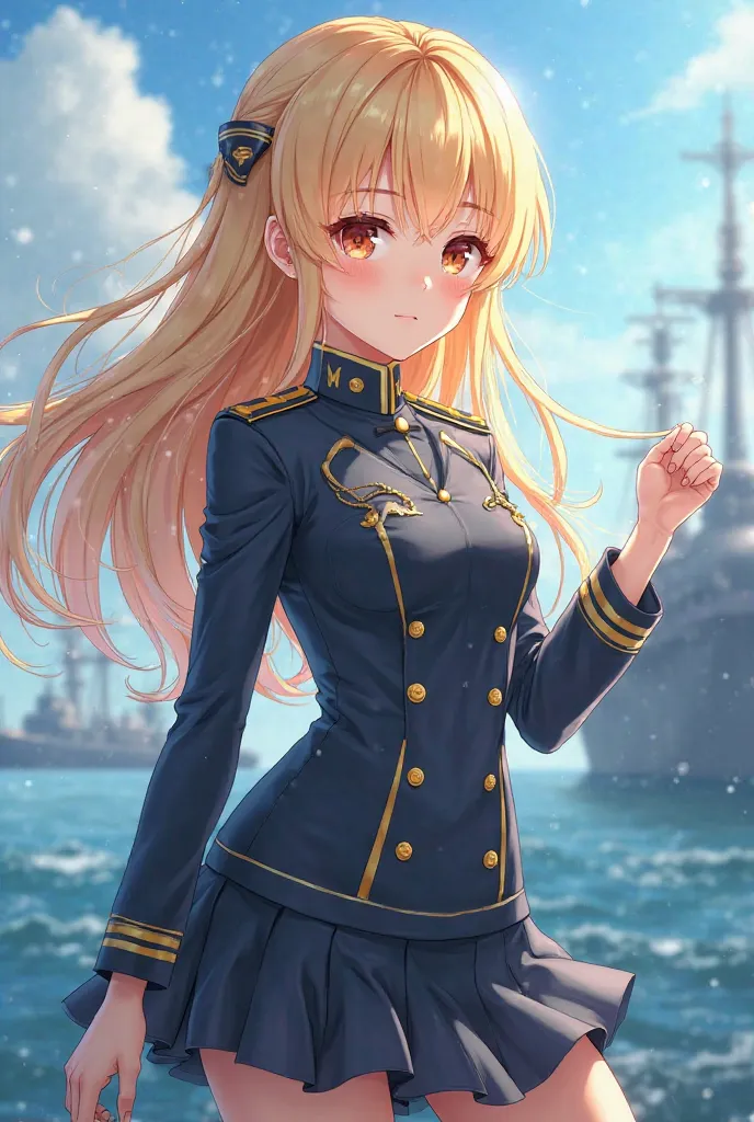 An anime girl with blond hair wearing a marine officer's costume