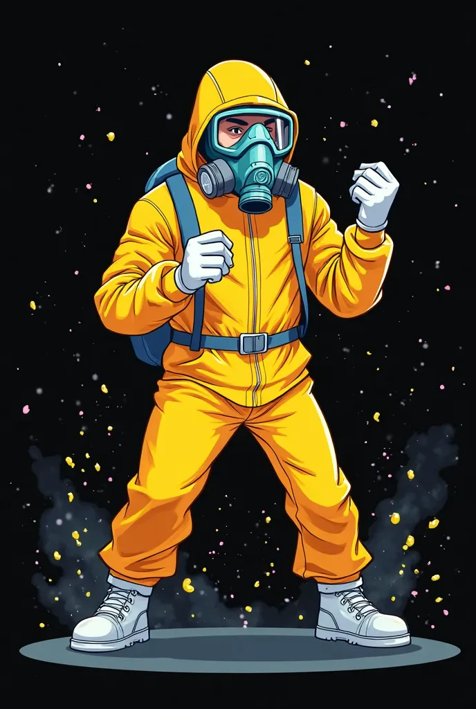 A full-body chemist standing "Picando" wearing yellow clothes and face covered by gas mask on a black background in cartoon style