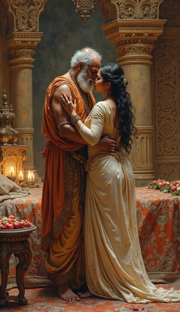 Ancient old hindu sage vyasa, Making love with ancient hindu maid with big breasts and curvy body , inside a ancient Hindu Palace bed 