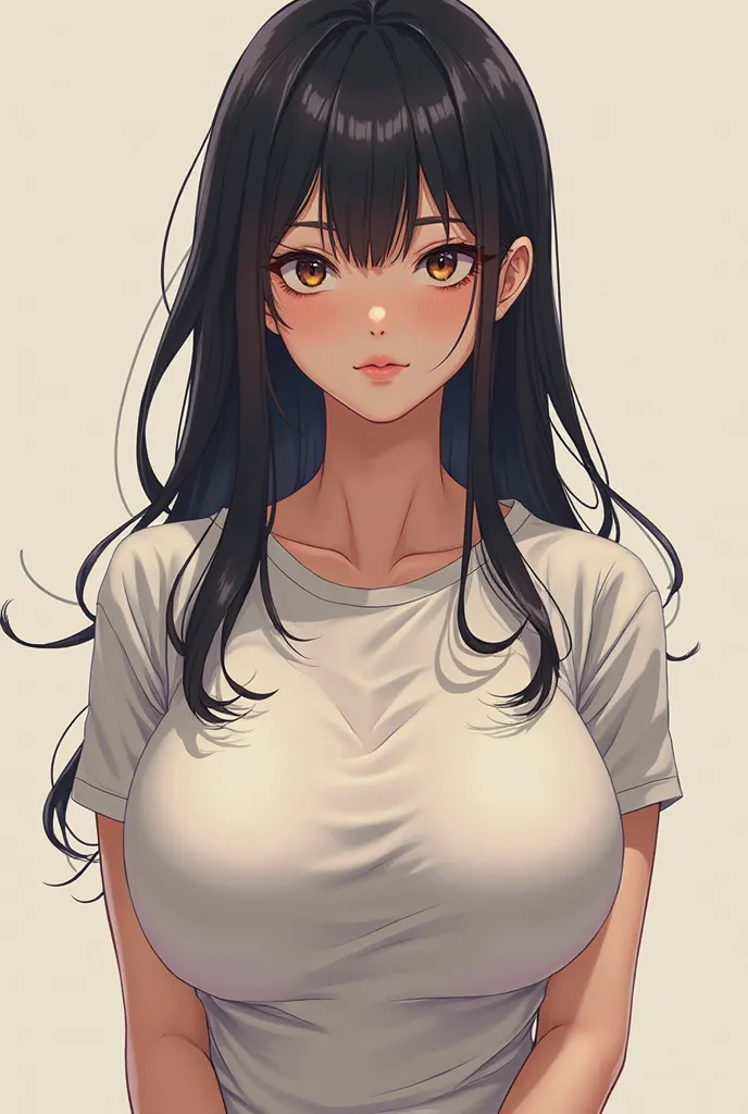 A  japanese anime girl with very very big boobs wearing a skin tight tshirt with no bra