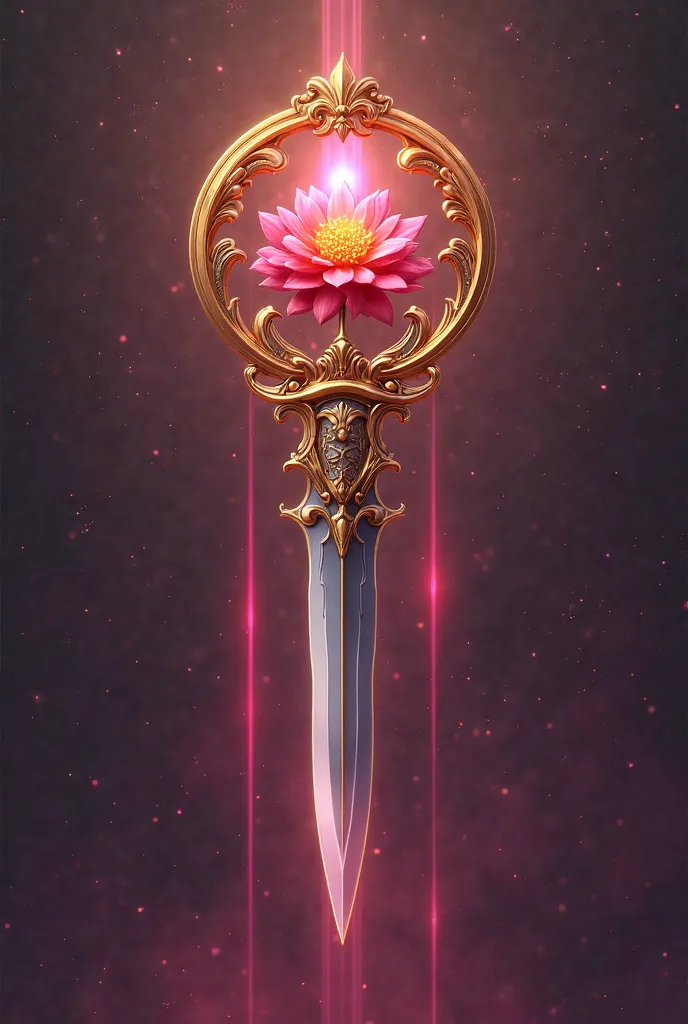 Создай a knife в данном стиле: there is a picture of a small pink-yellow flower in a gold frame, scepter , Shining Pink Armor,  glave , metallic scepter -a knife, Anime Key, sword horns, magic Amulet, Amulet, meow,  Crown (Pink lasers), inspired by the Gua...