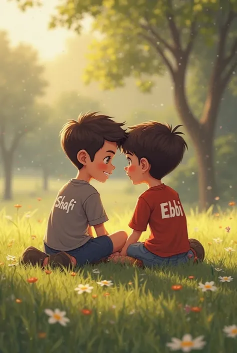 19 years young boys best friends sitting on the grass one boy name is Shafi written on the shirt and another boy name is Ebbi written on the shirt. This picture is for ho laptop wallpaper