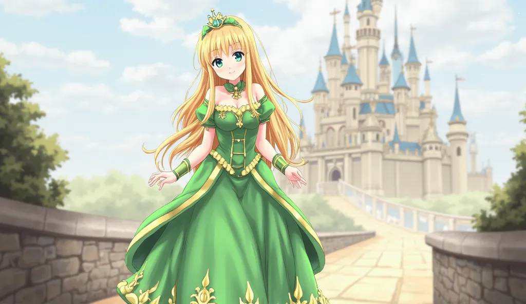 1girl, Solo, Looking at viewer, High Resolution, Blurry, Anime Style, Jewelry, Green 
Princess Gowns, Detail, Walking, Long Hair, Tiara, Smile, Green eyes, Blonde Hair, wish hands, Third Viewer, Castle, Anime, 