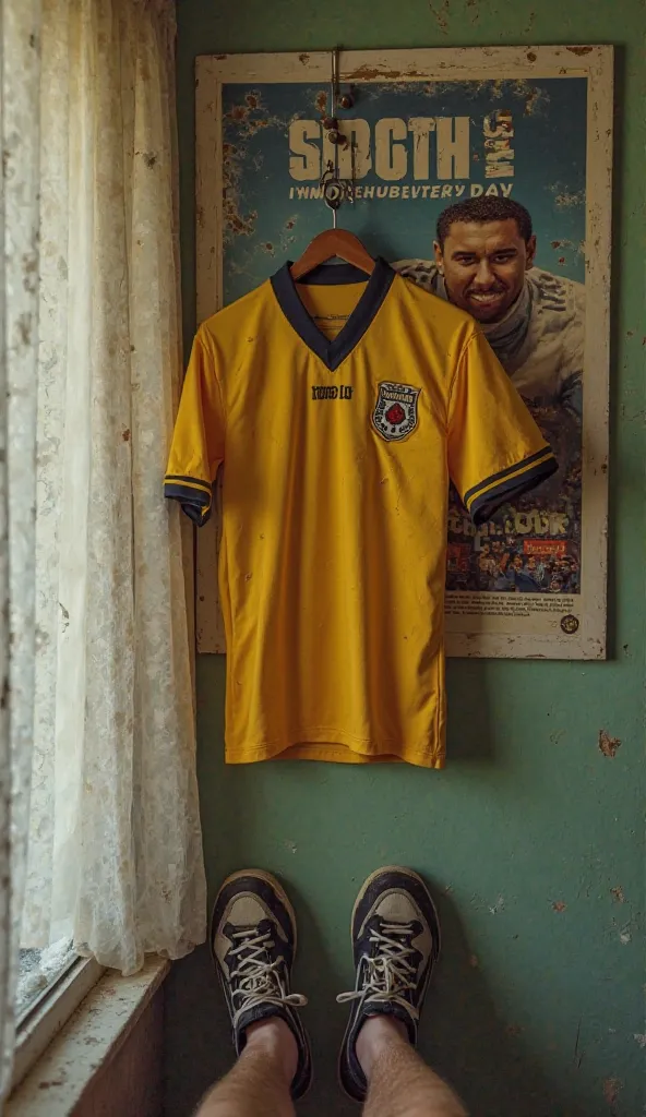 POV: My fingers adjust the collar of a treasured soccer jersey hanging on a simple hook. I feel my feet slip into well-worn sneakers, with a dusty mirror behind me catching a glimpse of a bold 1994 World Cup poster, promising an unforgettable day.