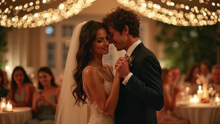 A newlywed couple shares a romantic first dance under twinkling fairy lights at an elegant wedding reception. The young woman, with long, dark brown wavy hair and deep green eyes, wears a flowing white wedding dress that moves gracefully as she rests her h...