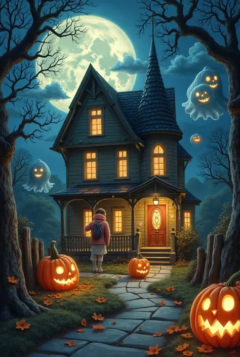 It’s a moonlit night in a magical, haunted house that’s filled with glowing jack-o-lanterns casting soft, warm light. Friendly ghosts with round, glowing eyes float around playfully, their transparent bodies gently swaying with the breeze. There’s a soft m...