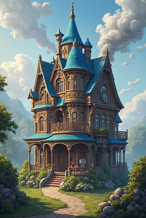 2D Digital Art,, LoR Art Style , Legends of runeterra art style, Victorian House,  steampunk, blue roofs , smoke