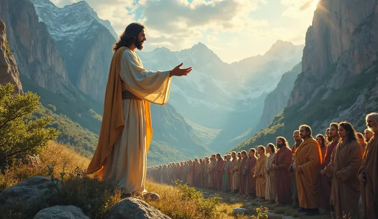 Jesus preaching to the crowds in the mountains.