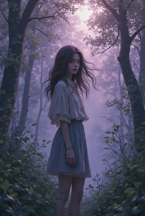 A sincere, lonely girl with wavy hair, standing alone in the forest, her face tilted, with a violet background.