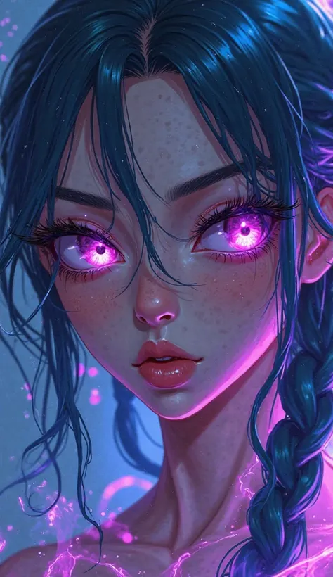 A close-up, ultra-detailed portrait of a fierce, cyberpunk-inspired female character in an anime semi-realistic style. She has intense, glowing purple eyes with a piercing gaze, surrounded by thick, dark eyelashes and subtle cybernetic scars on her pale sk...