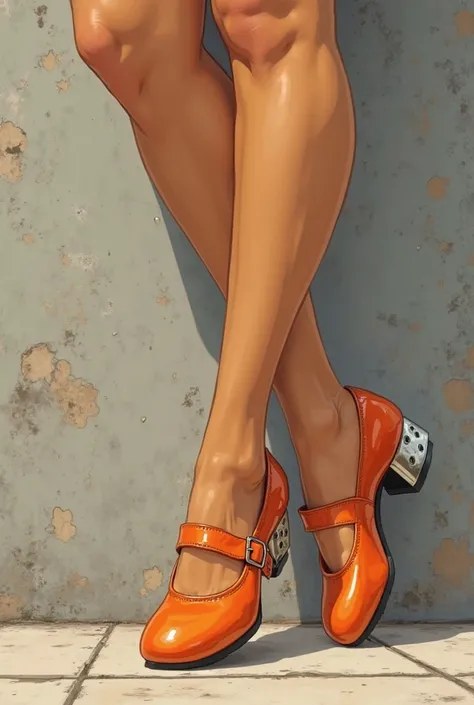 The illustration is a high definition illustration with 4k resolution, with highly detailed facial features and cartoon style visuals, concrete wall background,close up of woman’s feet wearing orange Mary Jane tap shoes, suntan pantyhose, metal dance plate...