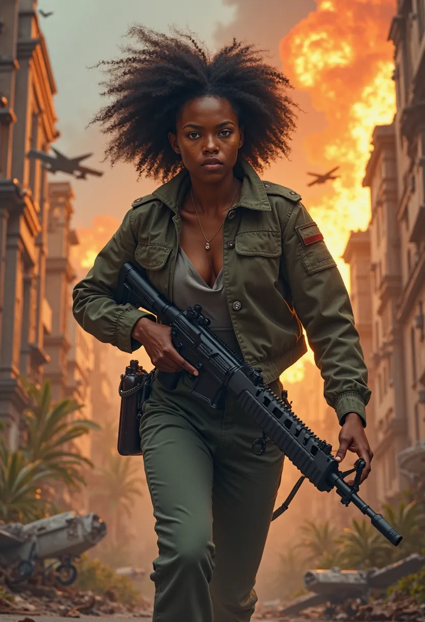 A black young adult woman in Dark clothes with siren eyes, thin face, round lips and curly hair, a stern look on her face carrying a black rifle pointing, an explosion behind her while she’s running . There are dilapidated buildings, planes and fire in the...