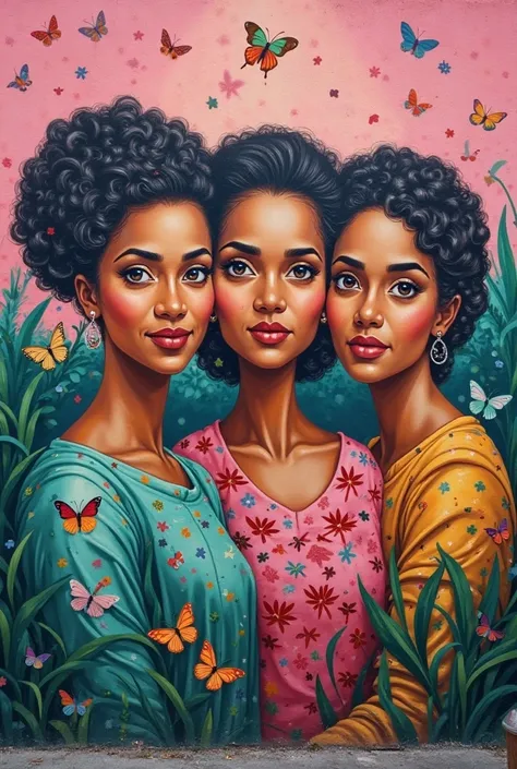 Create a mural with images of the Mirabal sisters, women of the Dominican Republic, with a pink and dark green background and cute butterflies