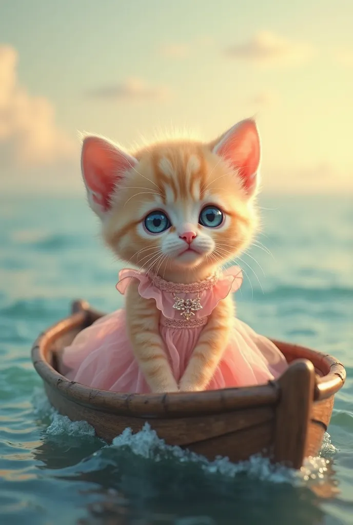 A small cute kitten in pink dress cute blue eyes looked worried eyes with tears on boat in middle of oceab. The background features a calm ocean with gentle waves, and the sky is clear with a warm, golden hue, emphasizing the victorious moment