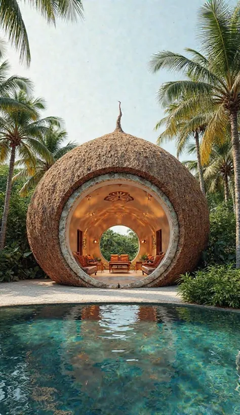 "A stunning, nature-inspired mansion designed to resemble a coconut. The structure features a smooth, brown exterior with a curved shape, mimicking a coconut’s shell. A large, circular glass dome at the top represents a freshly cut coconut opening, allowin...