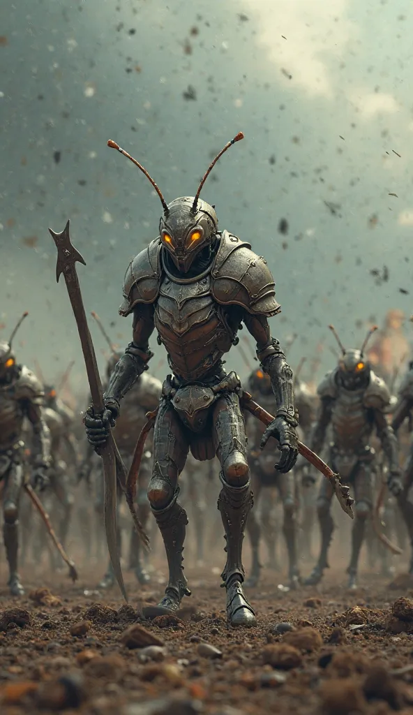 An ant in metal armor, holding a small sword, leading an army of ants on an epic battlefield. The sky is overcast, and there's an atmosphere of war in the air.