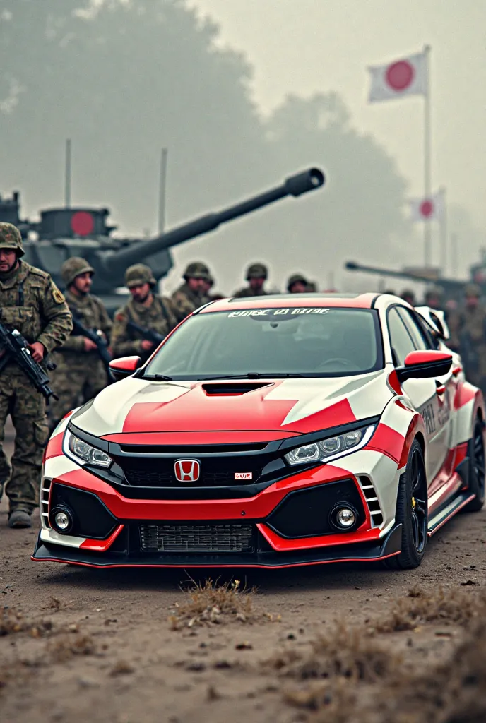  realistic photo, Honda Civic R-Type, painting in the colors of the flag of Japan , with huge wheels,  lowered , soldiers and war tanks around