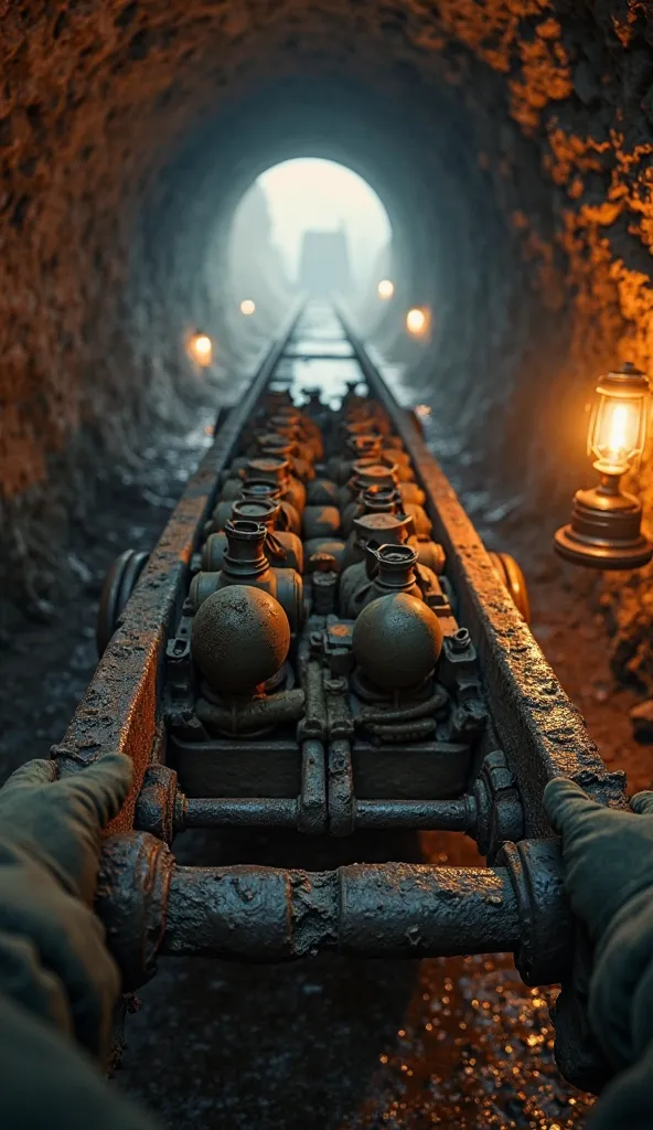 POV of a World War I soldier pushing a heavy wooden cart filled with bombs, rifles, and military supplies through a dark, narrow underground tunnel. The soldier’s gloved hands grip the rough wooden handles, visibly covered in mud and grime. The cart’s whee...