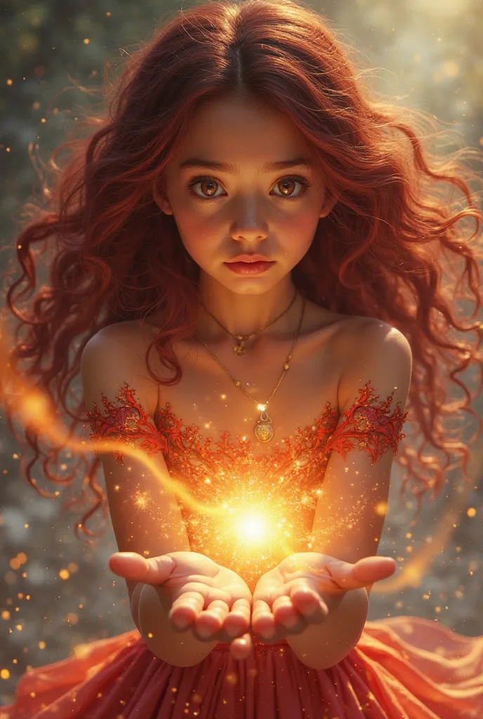 A young girl with dark red and curly hair that flaps on your shoulders. She wears a green cropped and in her hand there is a white magic of light. 