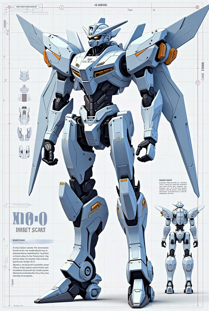 Prompt 1: Create a detailed blueprint for assembling a modern combat robot designed for modeling. Emphasize a sleek, aerodynamic structure with integrated wing elements and a sharp silhouette. Include precise measurements, cross-sectional views, and explod...