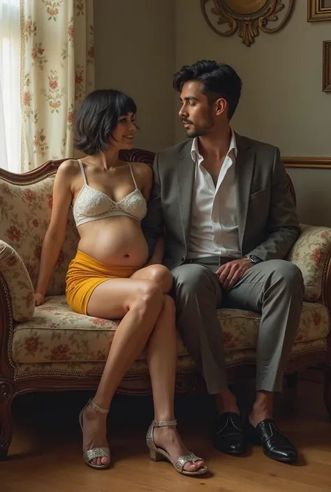 realistic image of a couple sitting on an antique sofa, In a modest room.  Mulher de Thirty years branca,  pregnant, Thirty years,  with short black hair,  white lace bra , yellow short skirt and silver high-heeled sandals. Homem de Thirty years, In a gray...