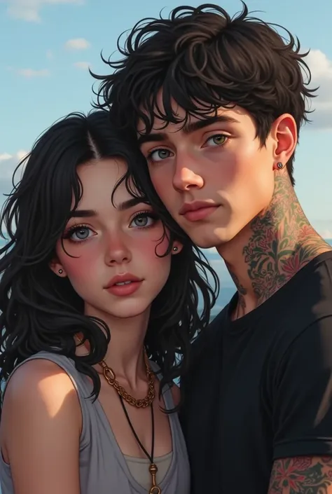 generate a girl with dark wavy hair up to her shoulders , with grey eyes, it should be a portrait and a guy next to her,  dark hair, the left eye is brown and the right is blue,  both young, against the sky or something, the guy is wearing a black t-shirt ...