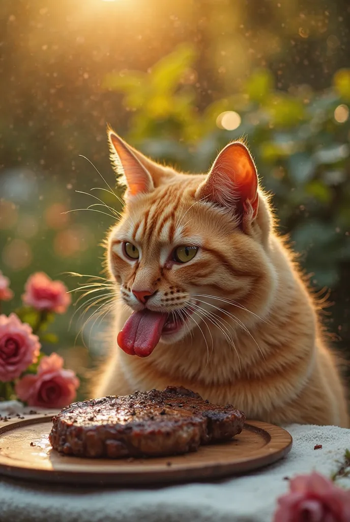 In a garden full of flowers and foliage, the cat sits on an elegant picnic table. the scene, illuminated by natural sunset light, shows the feline tasting a perfectly cooked steak, with every detail highlighted: from the shine of its fur to the succulent t...