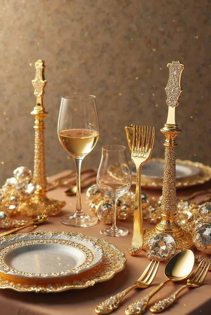 Gold, silver, diamond and copper utensils on a gold table 