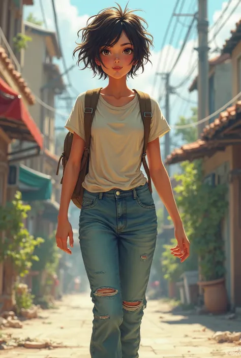 A girl in short hair , tomboy types, wearing a baggy jeans and t shirt, having a backpack on her back , short hight,pear shape body