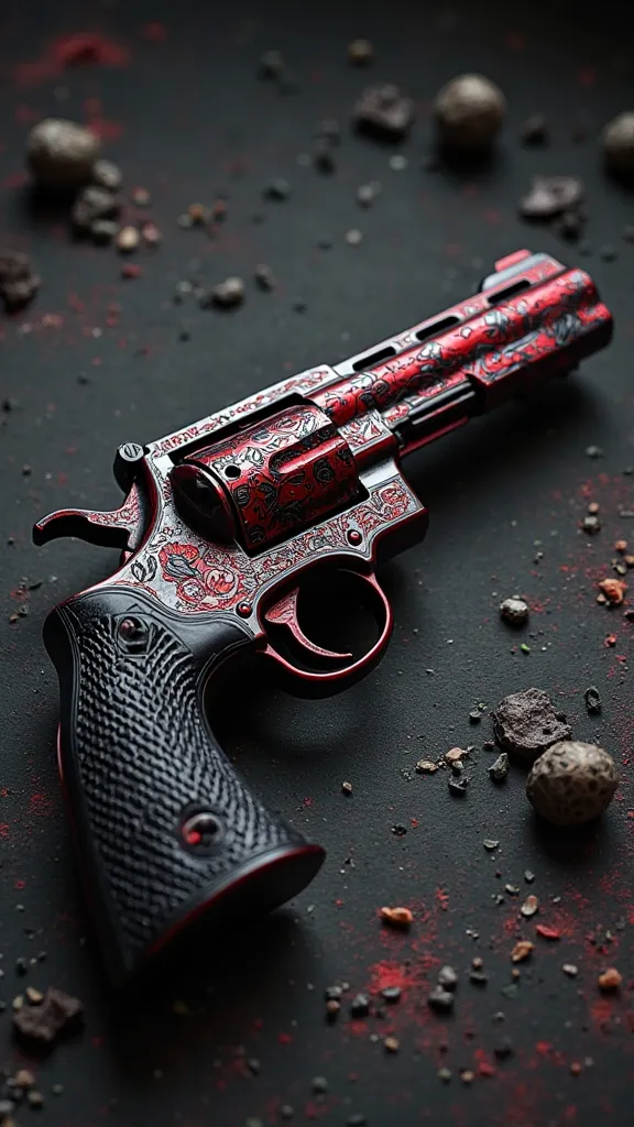 Colt Dragoon Revolver Pistol, Red and Black Color, Evil Pattern