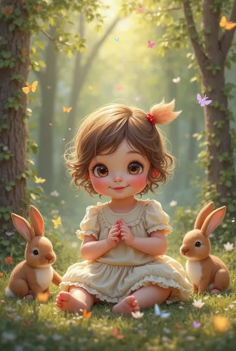 A  baby with brown hair and white complexion is with a smile full of sweetness, is sitting in the middle of a forest with lush trees, and small animals of different species play with her, the rabbit bounces around her, while birds and butterflies fly aroun...