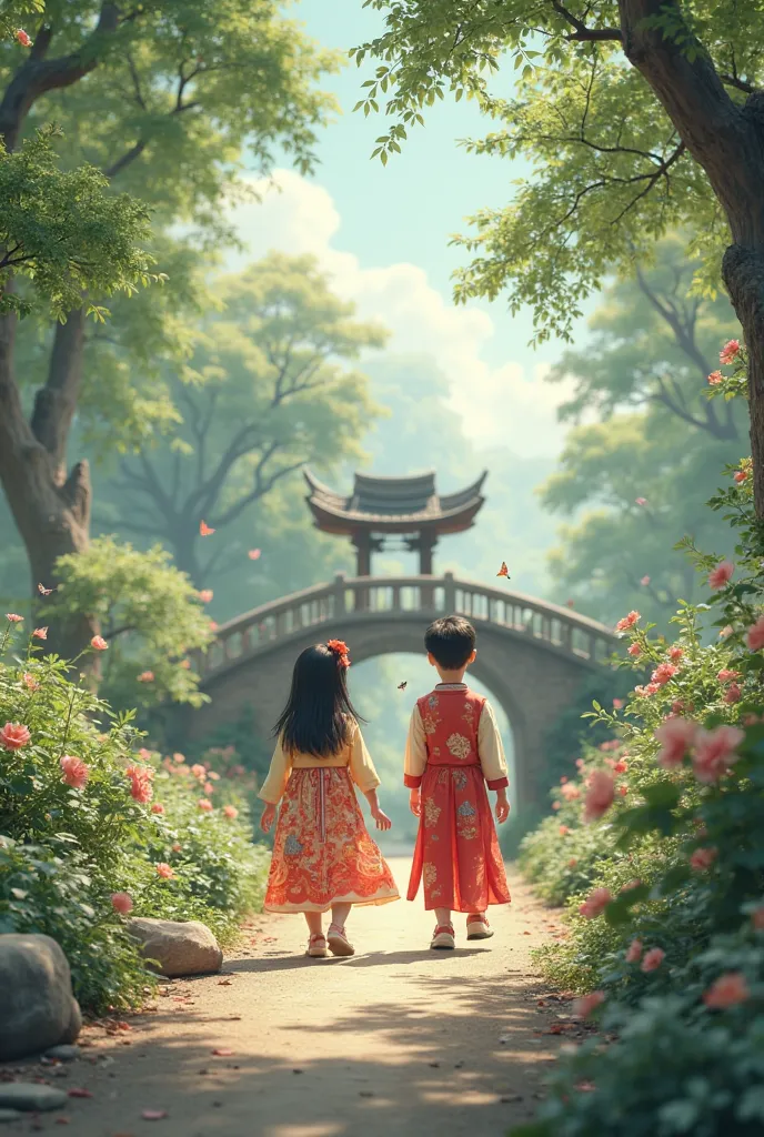 Create video of Chinese girl and boy walking in a garden 